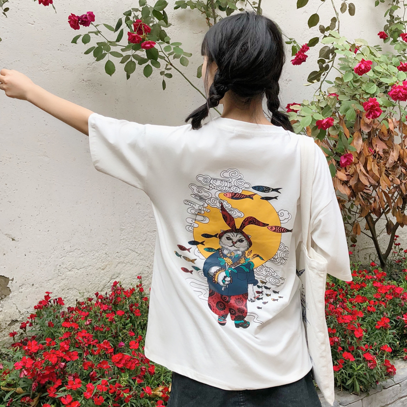 可可里小姐~夏裝女裝韓版寬鬆小清新前後卡通印花短袖T恤上衣